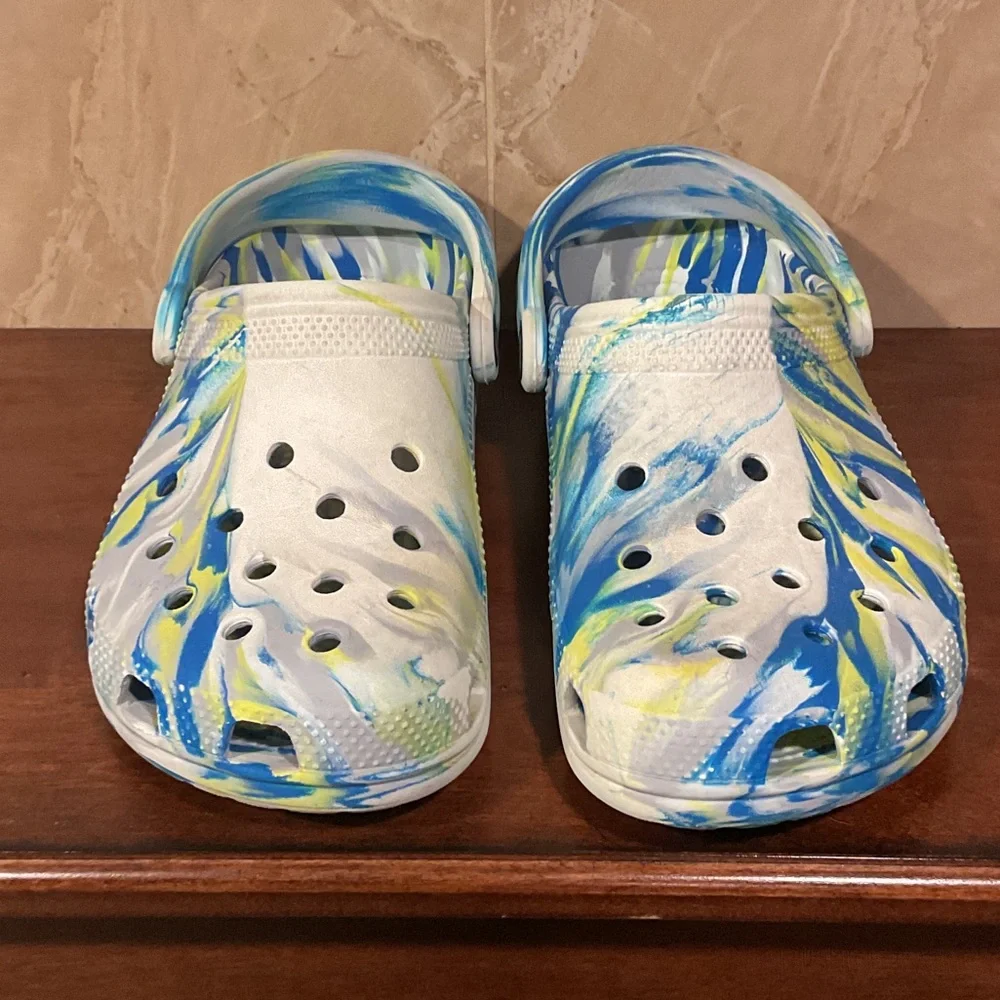 CROCS Blue and Yellow Patterned Clogs